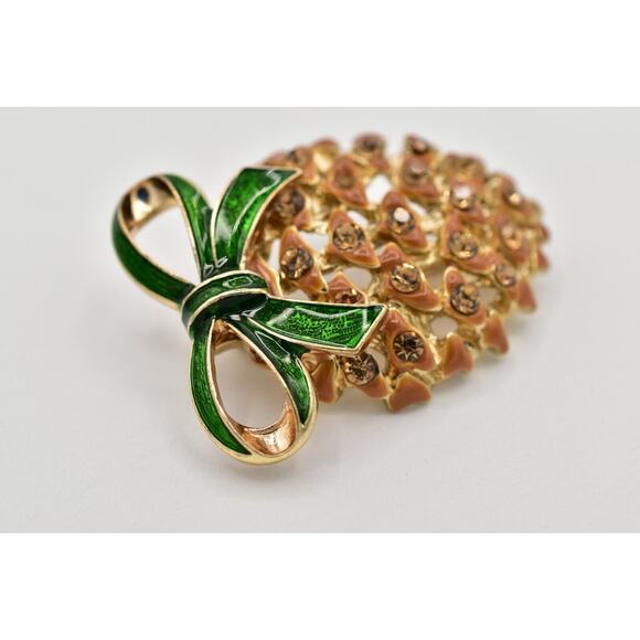 Napier Vintage Pine Cone Pin Brooch Crystal Enamel Gold Christmas Signed Bin4 - Picture 9 of 12